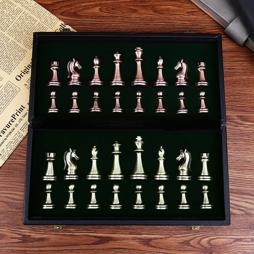

International Chess Set Classic Folding PU Leather Board and Wood Pieces Kit Standard Board Game Collection Gift for Kids