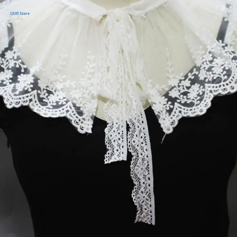 

Women Girls Pleated Mesh Tulle Fake Collar Shawl Necklace Sweet Embroidery Floral Lace Wavy Trim Half Shirt Dickey Lace-Up XX9D