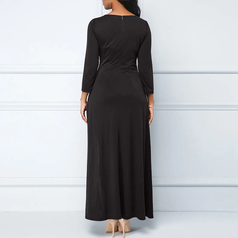 

Fashion Western Style African Explosion 2021 Summer Solid Color High Waist Split Fork Women's Dress Round Neck Long Sleeve