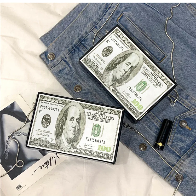 Fashion Dollar Pattern Box Design Pu Leather Women Daily Clutch Bag Chain Purse Shoulder Bag Tote Ladies Handbag Crossbody Bag