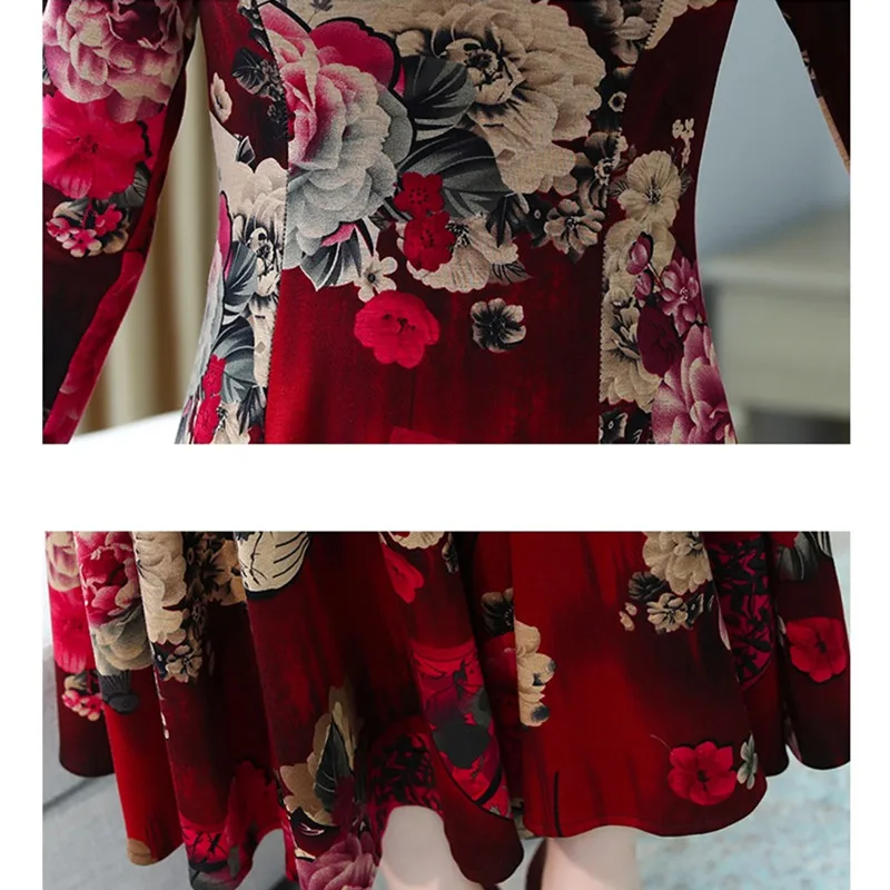 

Vintage Floral Dress Ladies Plus Size 2021 Autumn Temperament Cheongsam Dresses Women Long Sleeve Party Casual Vestidos 4XL G874