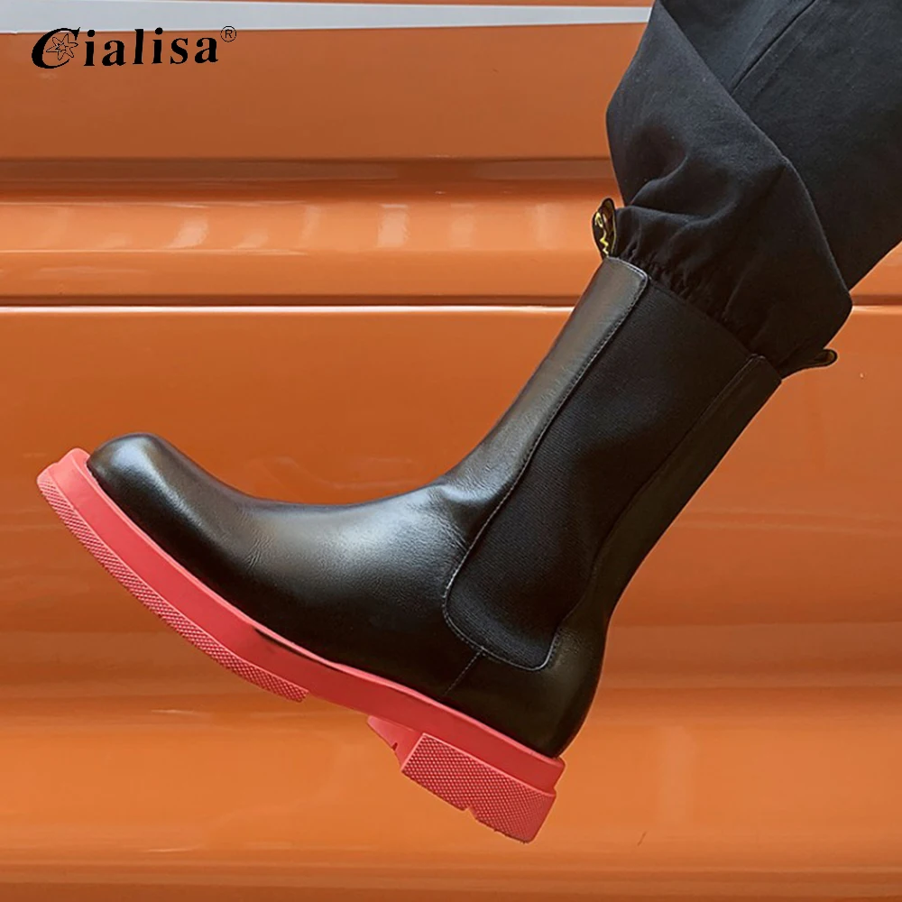 

CIALISA Women Shoes Fashion New Design Brand Round Toe Purple Outsole Mid Heel Boot Genuine Leather Chunky Heel Ankle Boot