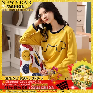 Пижама женская хлопковая в горошек, с длинным рукавом, Размеры M, L, XL, XXL, XXXL