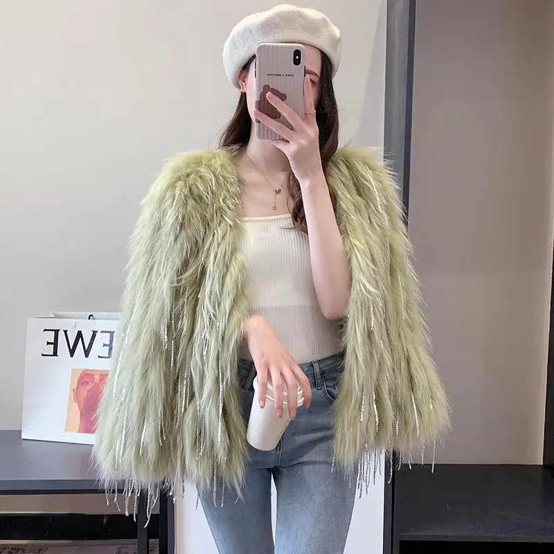 

Raccoon hair woven fur coat women's winter short imported true fur fox hair tassel young rhinestone lady's coat