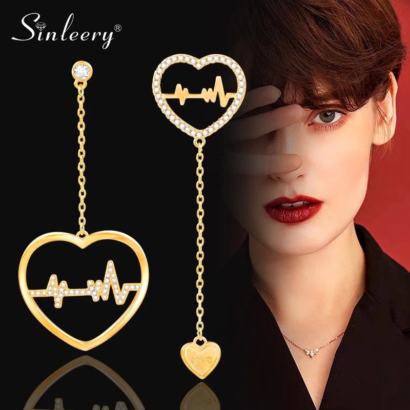 

SINLEERY asymmetrical jewelry Crystal Heart Heartbeat Earring For Women Gold Color Drop Earrings wedding accessories ES556 SSP