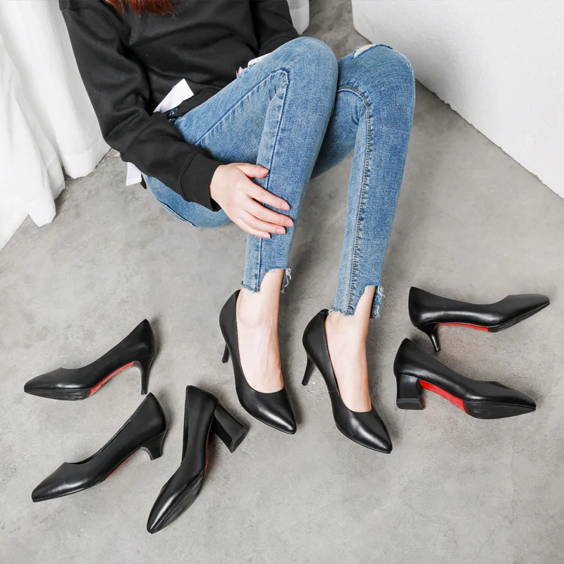 Женская обувь 2019 г. Черные туфли на высоком каблуке из воловьей кожи высокого