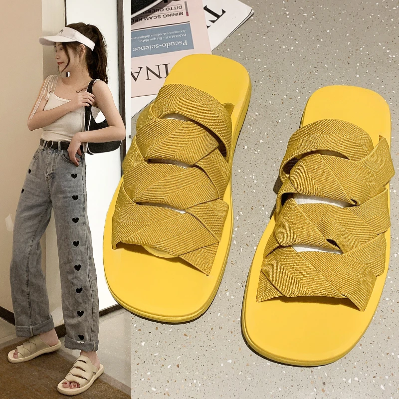 

Summer Stretch Cloth Flat Bottom Women's Slippers 2021 New Thick Bottom Sandals High Quality Fashion Casual Designer Same Style