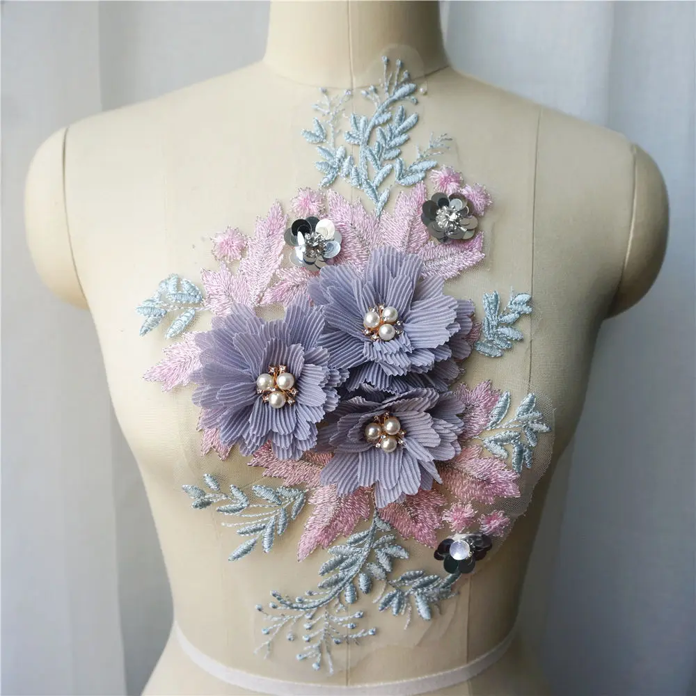 Фиолетовые розовые 3D цветы стразы кружево ткань Вышитое свадебное платье