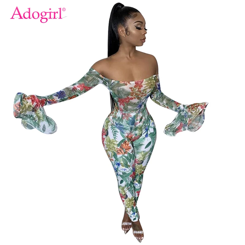 Adogirl цветочный принт с открытыми плечами длинный расклешенными рукавами