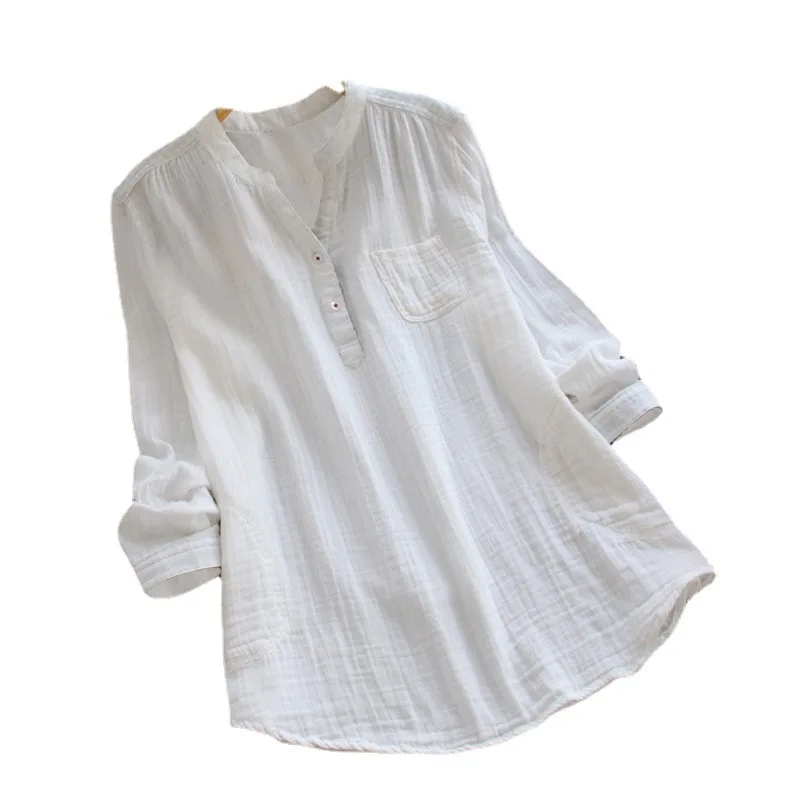 

Cotton Linen Lady Shirt Blouse Shirt Loose Casual Women Turtleneck Shirt Long-sleeved Solid Color Top Plus Size 5XL