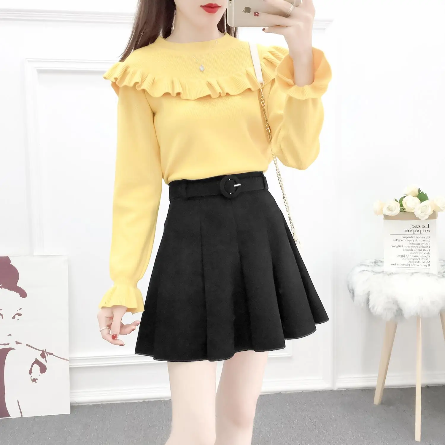

new winter skirt fashion sweater skirt suit two-piece outfit autumn women top knitwear pleated belt skirts clothing set sweet
