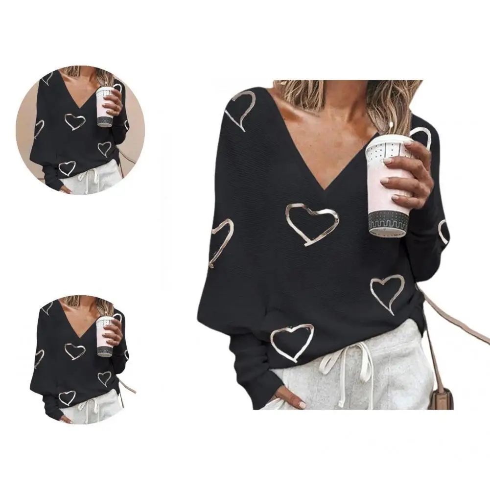 

Simple Lightweight Heart Printed V-Neck Women Blouse for Daily Wear