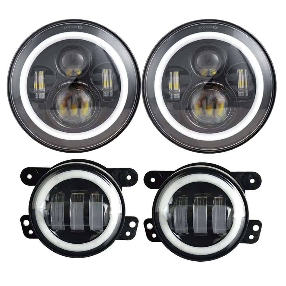 

7" Halo LED Headlights + 4" 30W LED Fog Light Turn Signal Daytime Running Lights for Jeep Wrangler JK JKU '07-'17 Rubicon Sahara