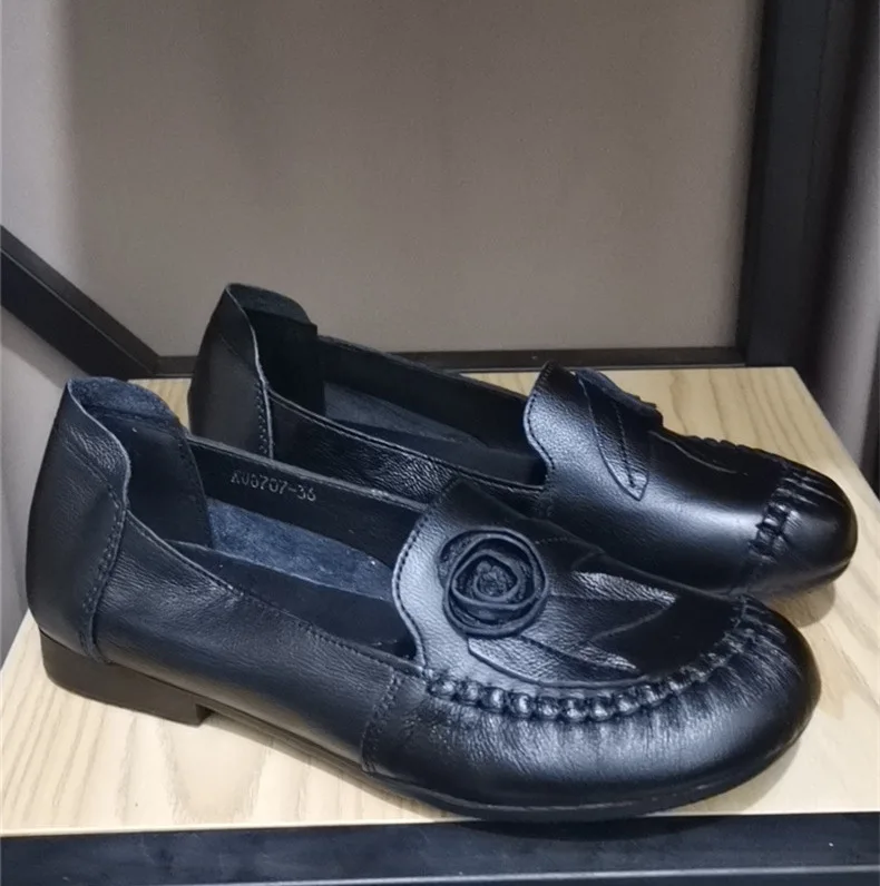 Black 8707 OUKAHUI/Новинка года; Осенняя женская обувь; лоферы; повседневная обувь из натуральной кожи на плоской подошве в винтажном стиле; дышащая мягкая элегантная женская обувь на плоской подошве - Цвет: Black 8707