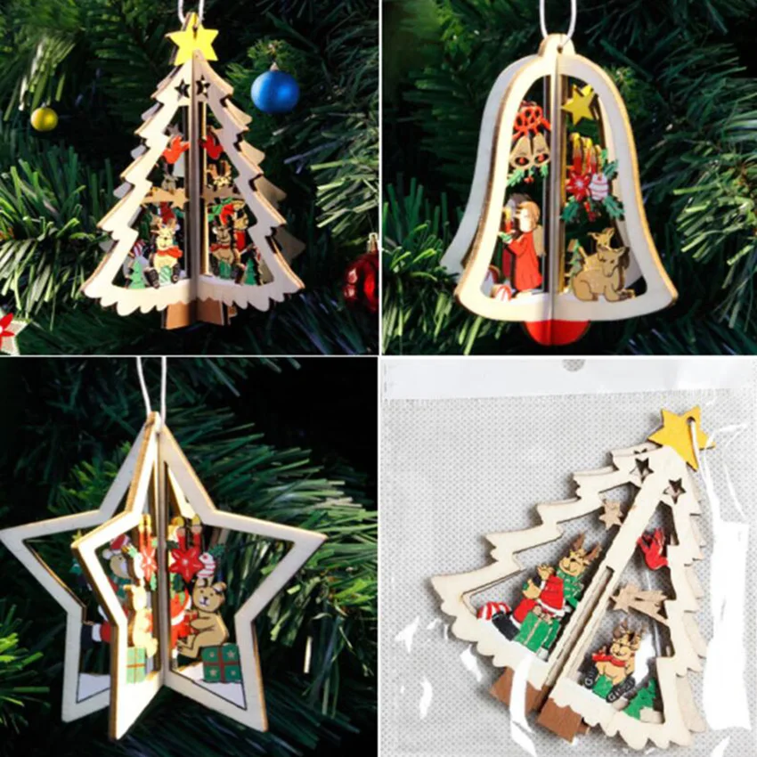 

3D Рождественское украшение, деревянные подвесные Кулоны, подвески-колокольчики для рождественской елки, подвесные рождественские украшен...