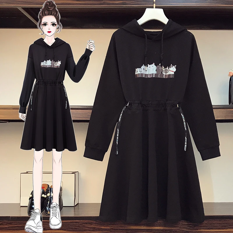 

L-4XL Plus Size Women Black Sweatshirt Dresses Spring 2021 Cute Cartoon Cat Print Long Sleeve Loose Casual Cotton Hoodies Dress
