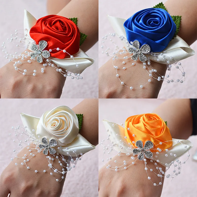 

New Bridesmaid Wrist Corsage Party Rose Bracelet Ceystal Silk Flowers Ribbon Pearls Bride Wedding Ornament Bridesmaid Dress