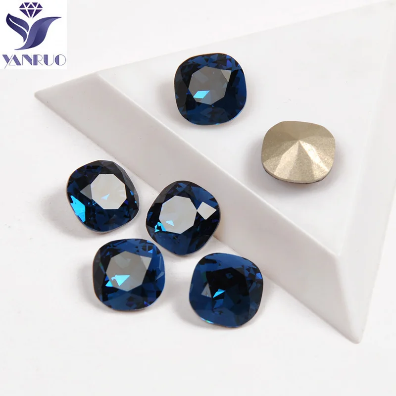 

YANRUO 4470 Best Quality Jewelry Beads Montana Color Cushion Cut Shape Pointback Strass Rhinestone 3D Glass For Nail Art Gems