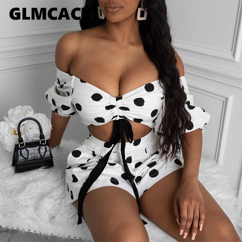 Женский милый комплект из двух предметов Топ в горошек с короткими рукавами и