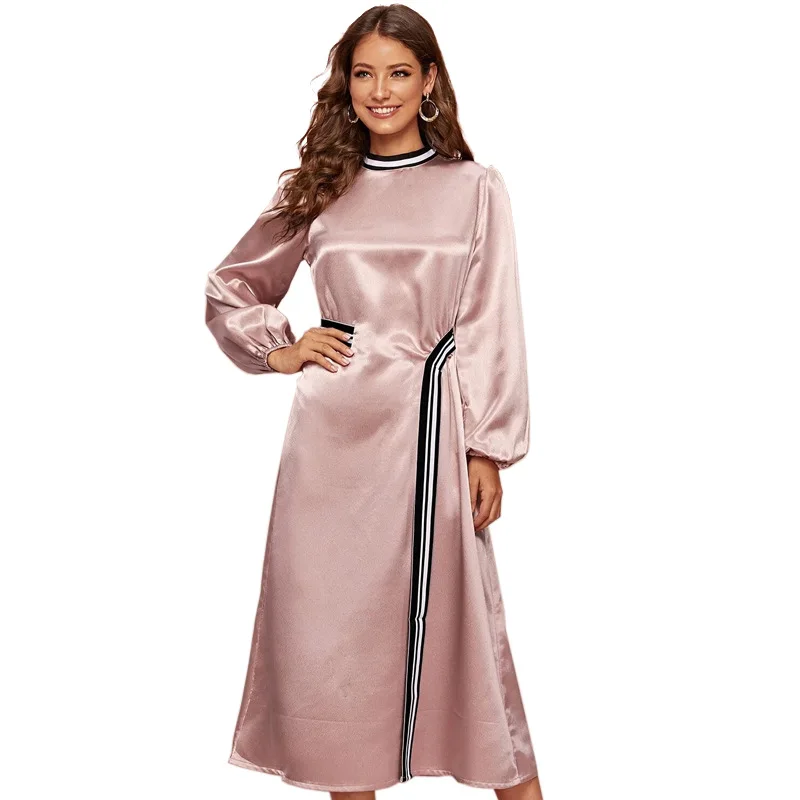 

Women's versatile striped ribbon stitching casual Long Sleeve Dress