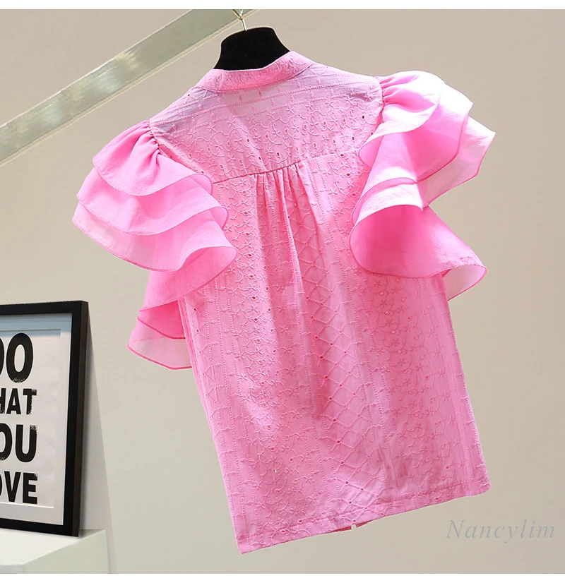 Creux Brodé Chemise En Coton et Lin Femme 2021 Style Coréen d'été Minceur À Volants Manches Volantes Décontracté Haut De Dame Blusas