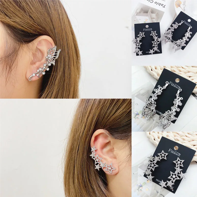 

S925 Silver Needle Butterfly Wings Star Earrings New Fashion Ear Clip Earrings Integrated Ear Hanging Super Fairy Jewelry 2021