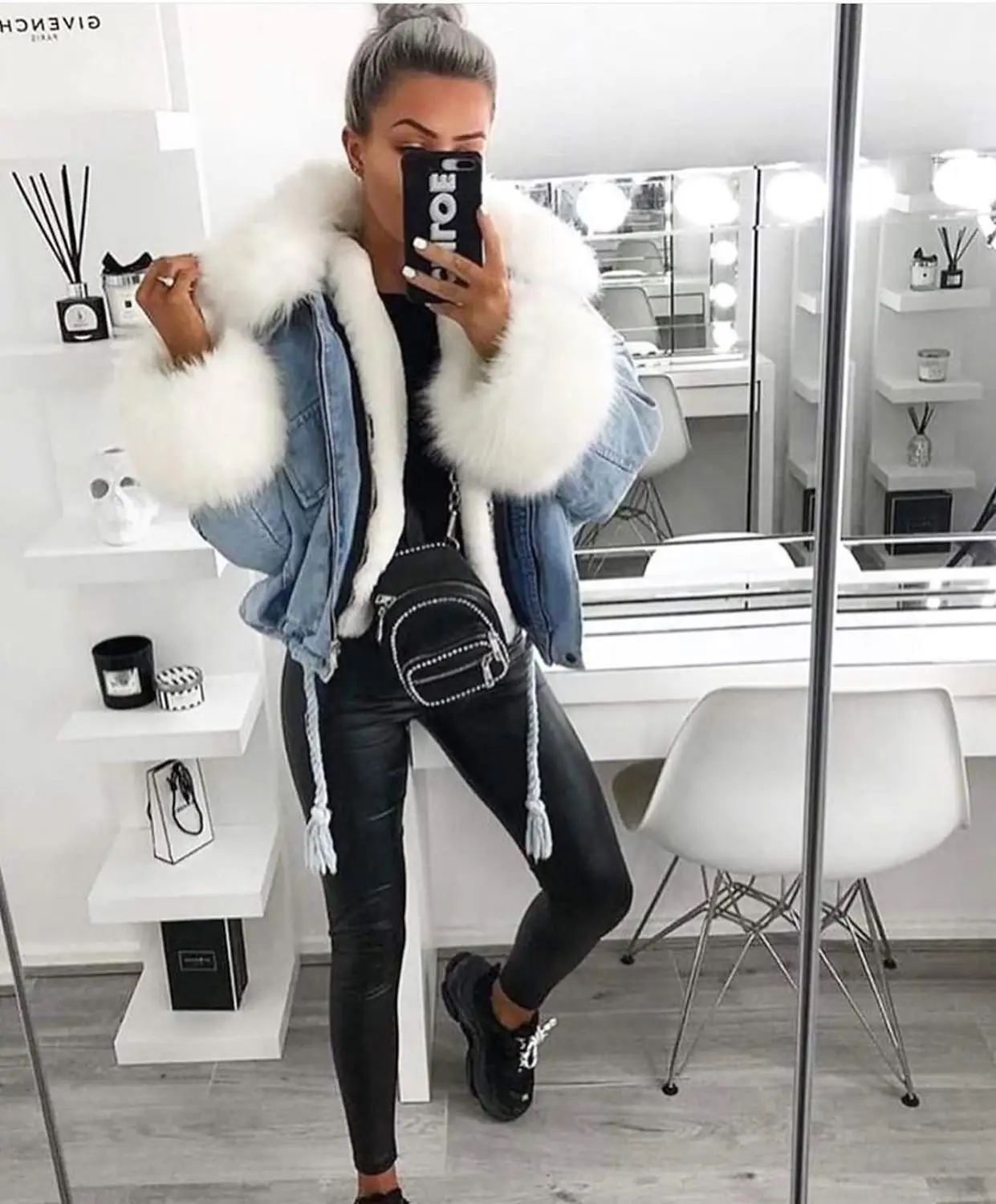 New INS Winter Female Real Fur Denim Coat Parkas 2020 Natural Rex Rabbit Fur Inner Women Coats and Jackets Fox Fur Collar