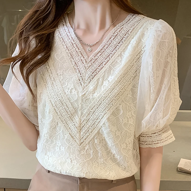 

Blusas Mujer De Moda 2022 Verano Short Sleeve Blouse Women Apricot V-Neck Lace Blouse Shirt Women Tops Blouses Femme Shirts E792