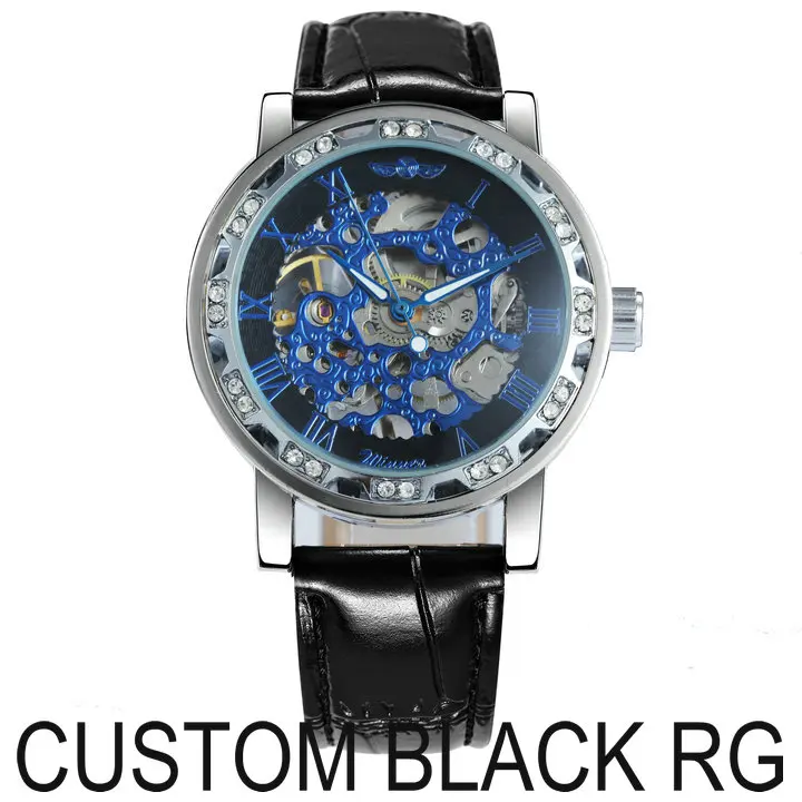 BLACK RG Модные часы со скелетом, бриллиантовые часы для женщин, дизайн Iced Out, ремешок из натуральной кожи, элегантные роскошные механические Женские часы - Цвет: BLACK RG