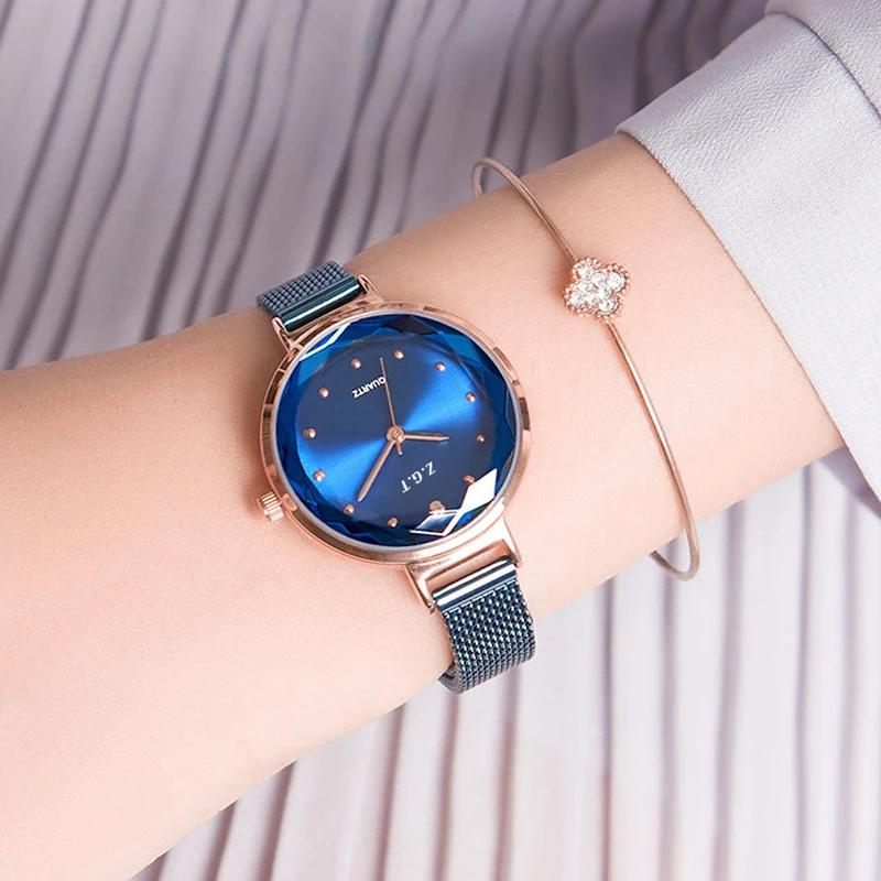 Фото 2019 Роскошные Синие Женские часы женские с бриллиантамы розовое золото