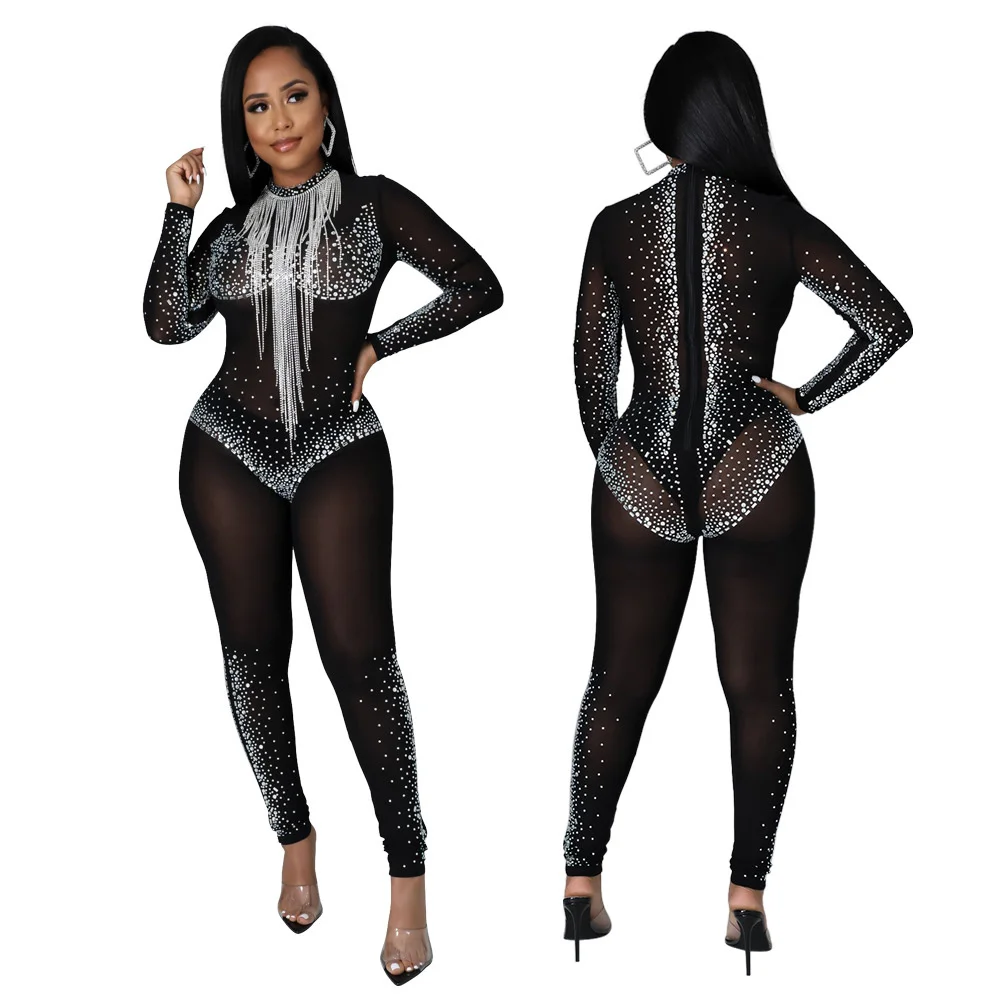 

Zoctuo Jumpsuit Long Sleeve Tassel Diamond Sheer Mesh Rompers Jumpsuits Women Black Sexy Tight Streetwear One Piece Overalls