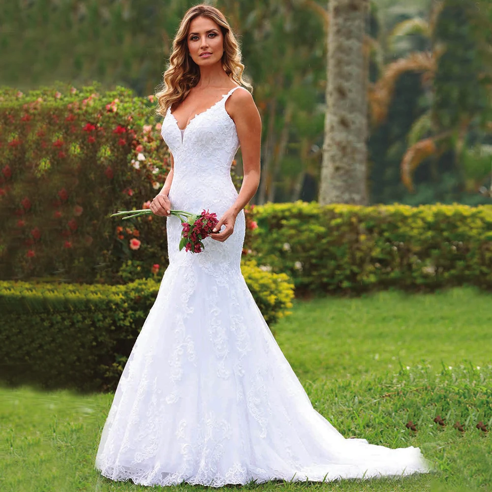 

Mermaid Wedding Dress For Woman Sleeveless V Neck African Plus Size White Bridal Gown With Applique Button Back Formal Vestidos