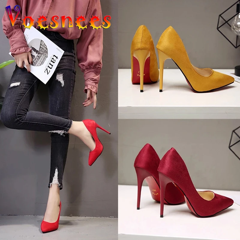 2021 Plus Size 44 Pumps Women Shoes Red Flock Slip-On Shallow Wedding Party Pointed Toe High Heels 11.5CM Pump Chaussures Femme | Обувь