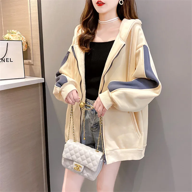 

Spring Fashion Women's Hooded Cardigan Autumn New Korean Loose Thin Long Sleeve Zipper Stitched Lady Top Coat 618