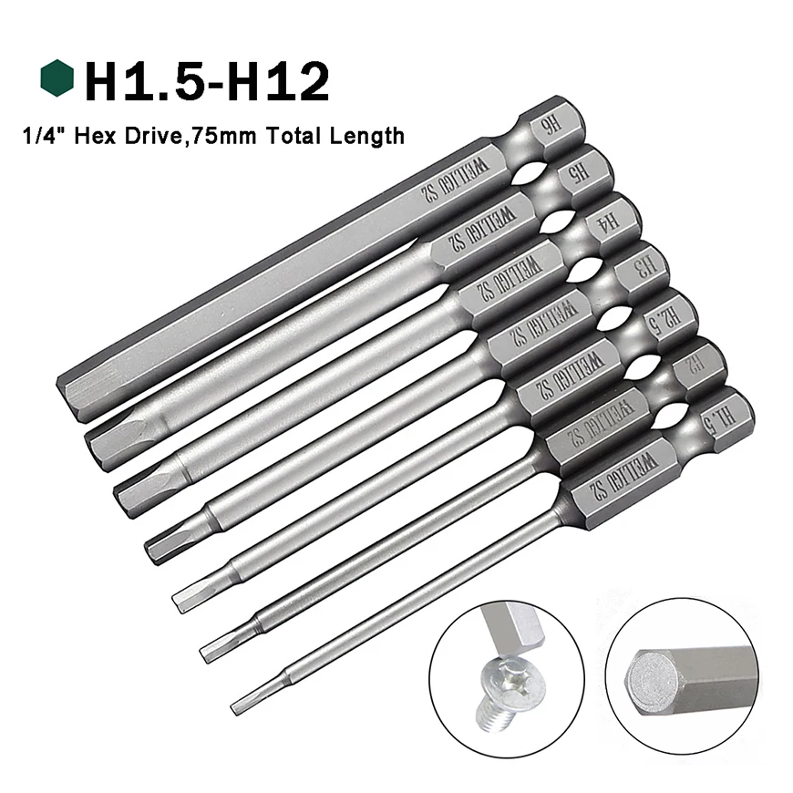 

1pcs Hex Magnetic Screw Driver Bits 75mm H1.5 H2 H2.5 H3 H4 H5 H6 H8 H10 H12 Electric Drill Screwdriver Bit 1/4" Hexagon Driver