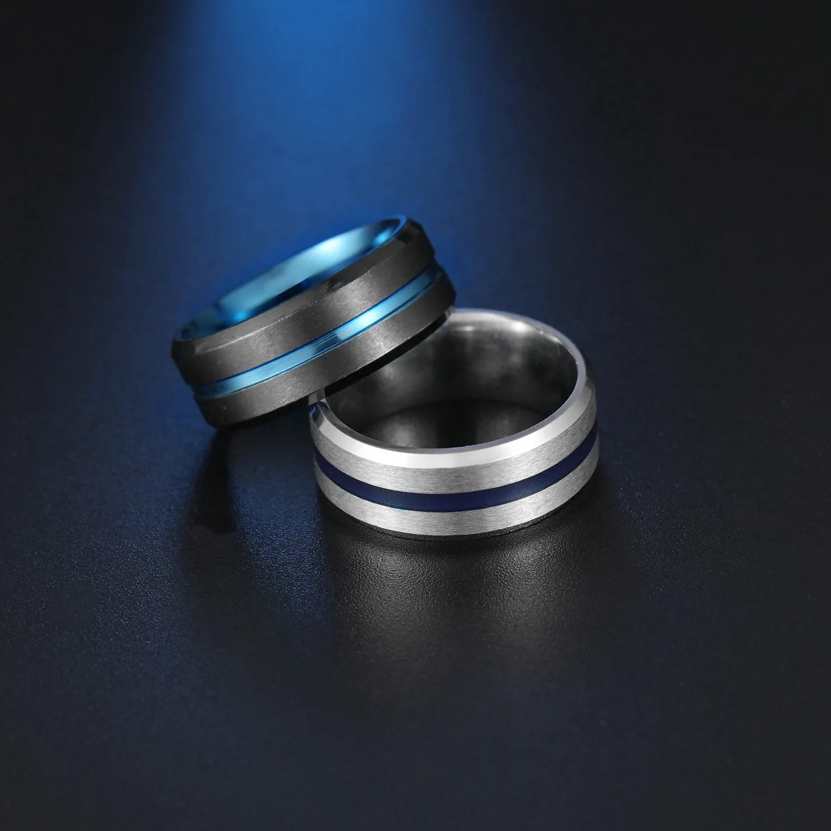 

Fashion 8mm Blue Groove Beveled Edge Black Stainless Steel Men Wedding Rings Matte Brushed Engagement Band Ring