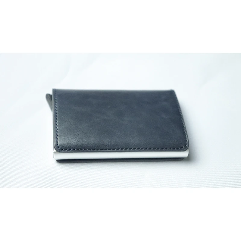 RFID Blocking Credit Card Holder Genuine Leather Men ID Card holder Mini Wallet Vintage Metal Automatic Anti-theft Card Wallet