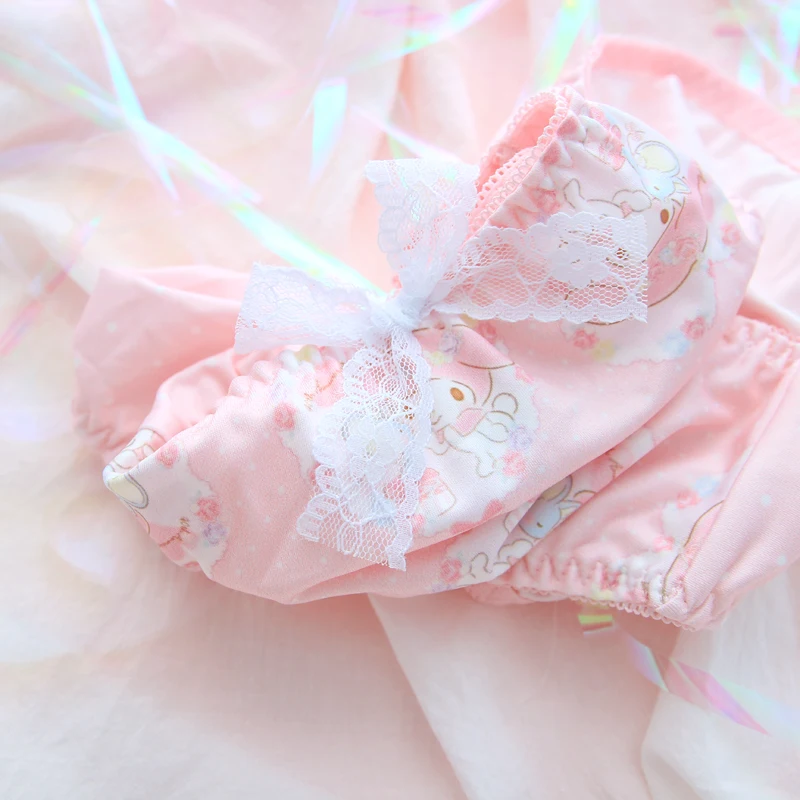 Супер милый розовый Аниме My Melody узор Сладкий кружевной бант с оборками нижнее белье комплект без оправы бюстгальтер японский сексуальный бюстгальтер и трусики Комплект