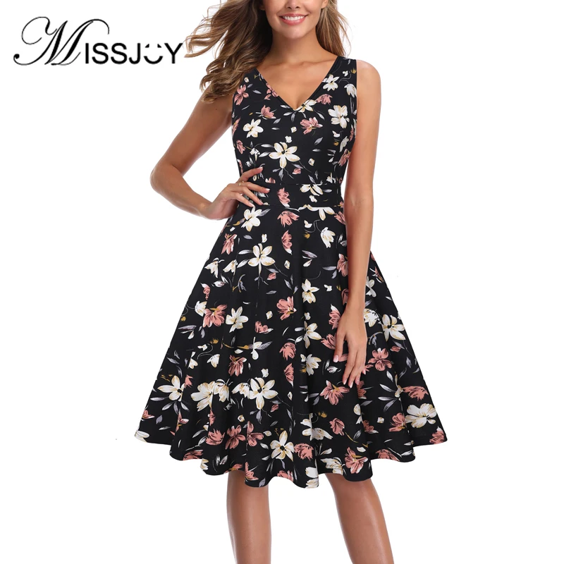 

MISSJOY, винтажные летние женские платья, 2019, милые, цветочные, без рукавов, v-образный вырез, Свинг, вечерние, с принтом, элегантные, Ретро стиль, ...