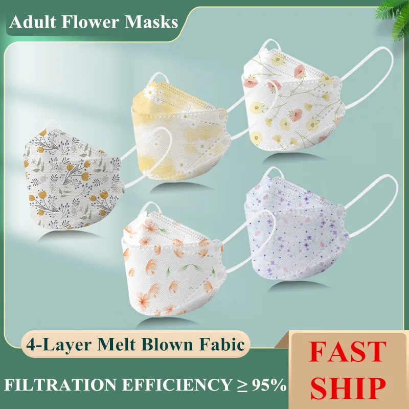 

Adult Flower Printed Face Mouth Masks 4D Cartoon 4-Layer Melt Blown Fabic Respirator 95% Breathable Dustproof Girls Mascarillas