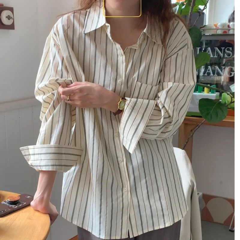 

Blouses Female Early Autumn New Korean Lazy Style French Design Striped Shirt Women's Loose Casual Top