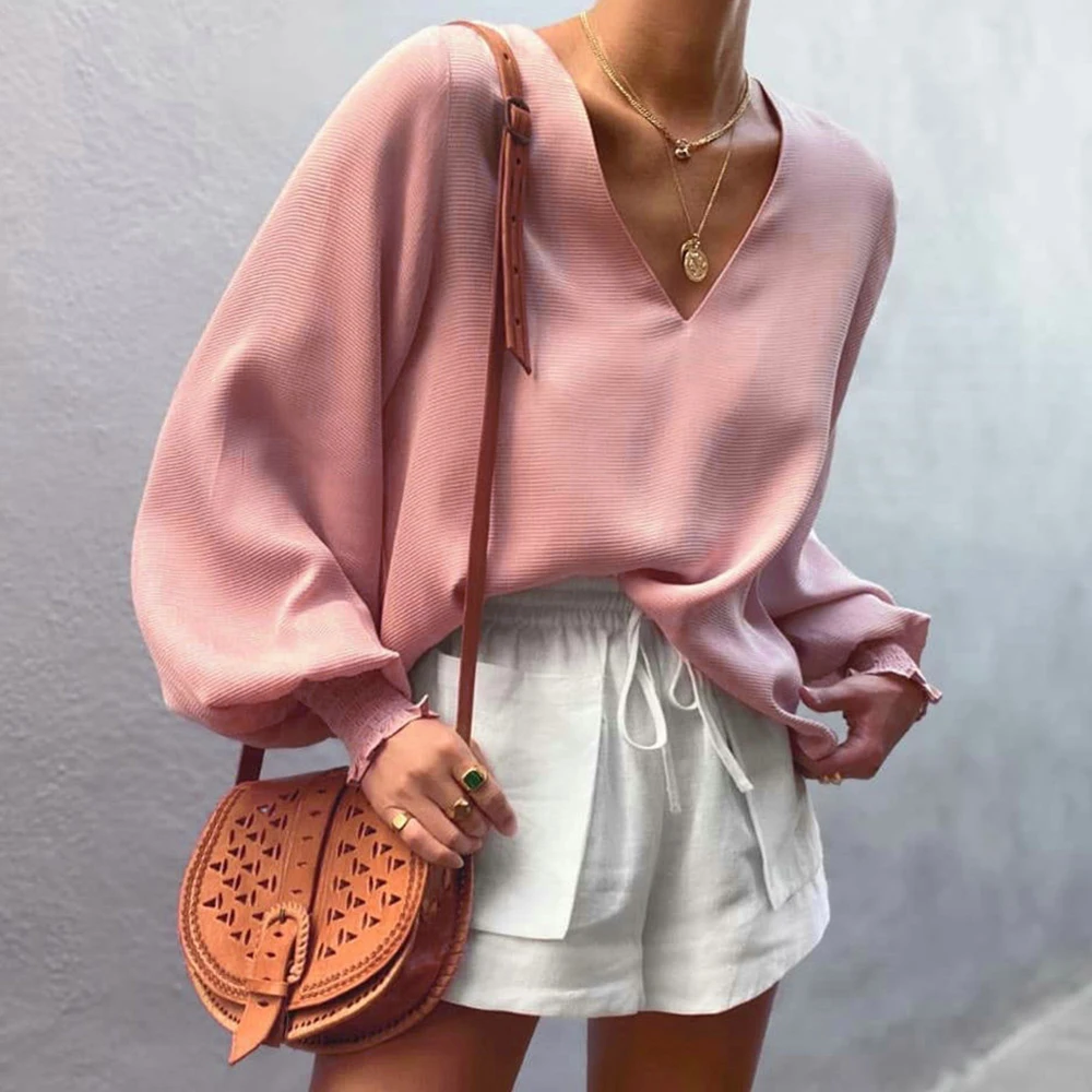 Однотонный пуловер с v-образным вырезом женская блузка топы осень рукав-фонарик