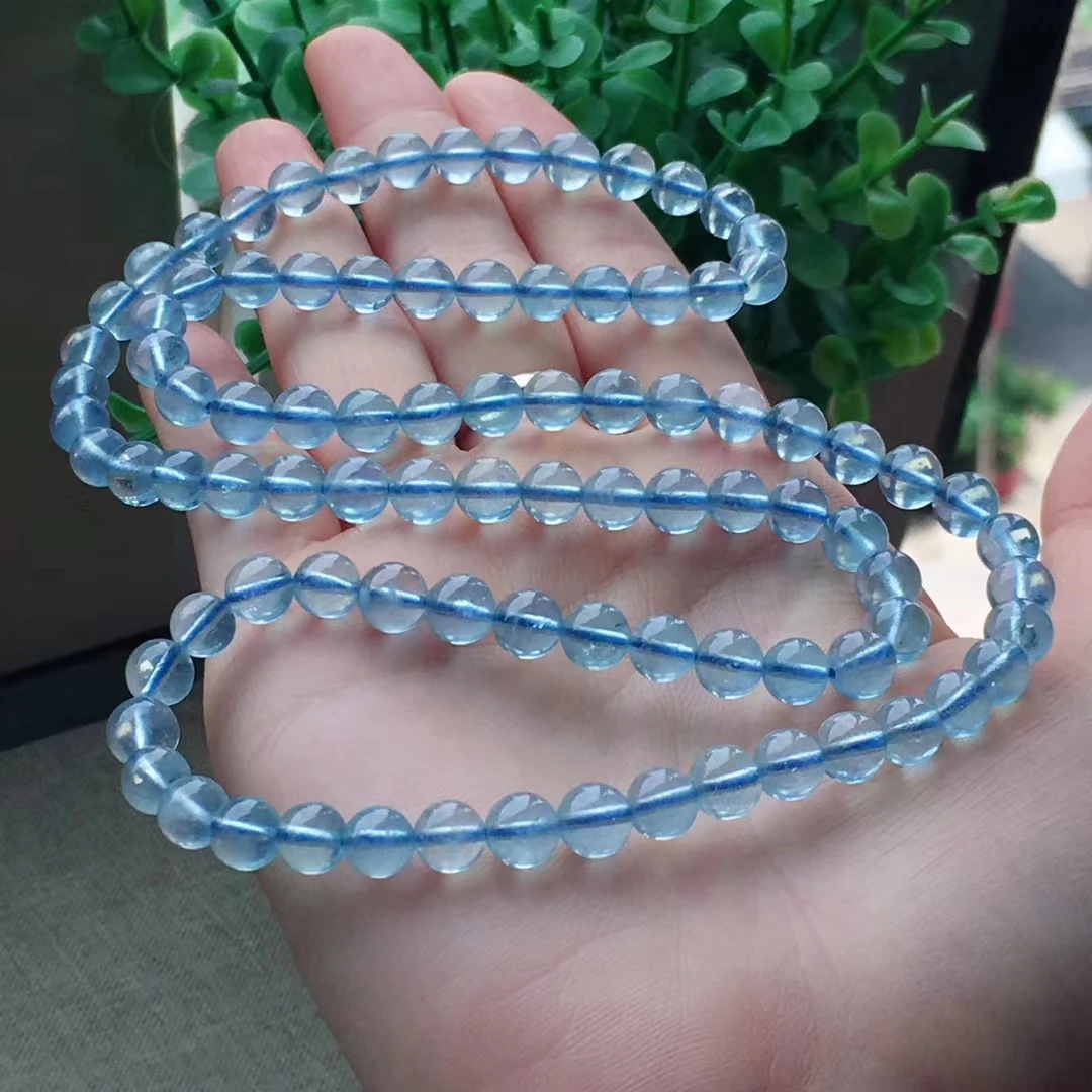 Natural Blue Aquamarine 3 Laps Clear Round Beads Bracelet 6mm Women Men Necklace Aquamarine Stretch Crystal Jewelry AAAAA