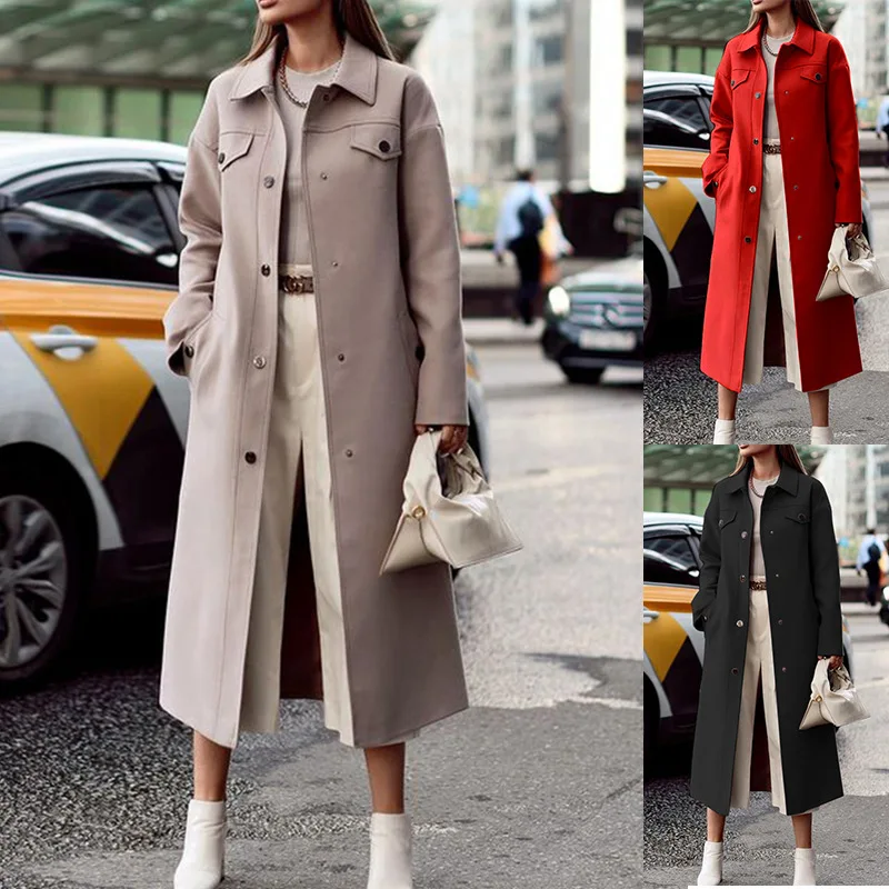 

Длинный шерстяной тренчкот, женское однобортное пальто в Корейском стиле с лацканами, однотонная ветровка, куртка Lugentolo на осень и зиму