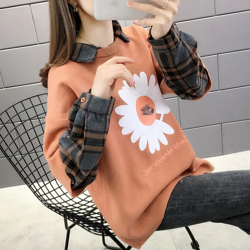 

[high cotton] sunflower shirt stitching fake two-piece sweater women's loose Korean fashion 2021 spring top