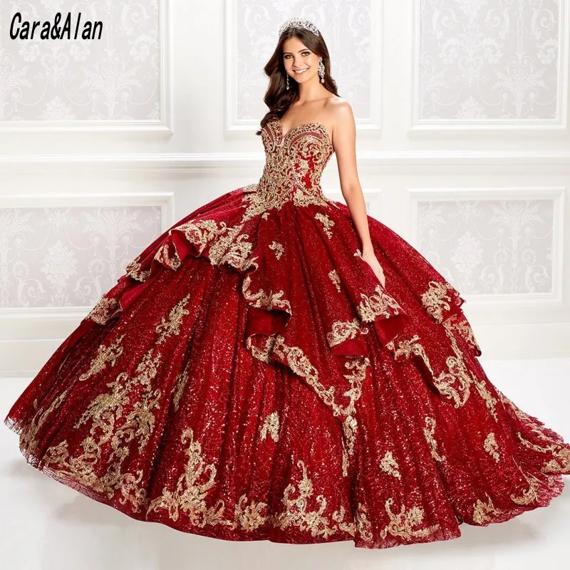 

Celebrity Sukienki Dark Red Quinceanera Dresses with Caped Lace Applique Sequined Vestidos De 15 Anos Sweet 16 Corset Dress