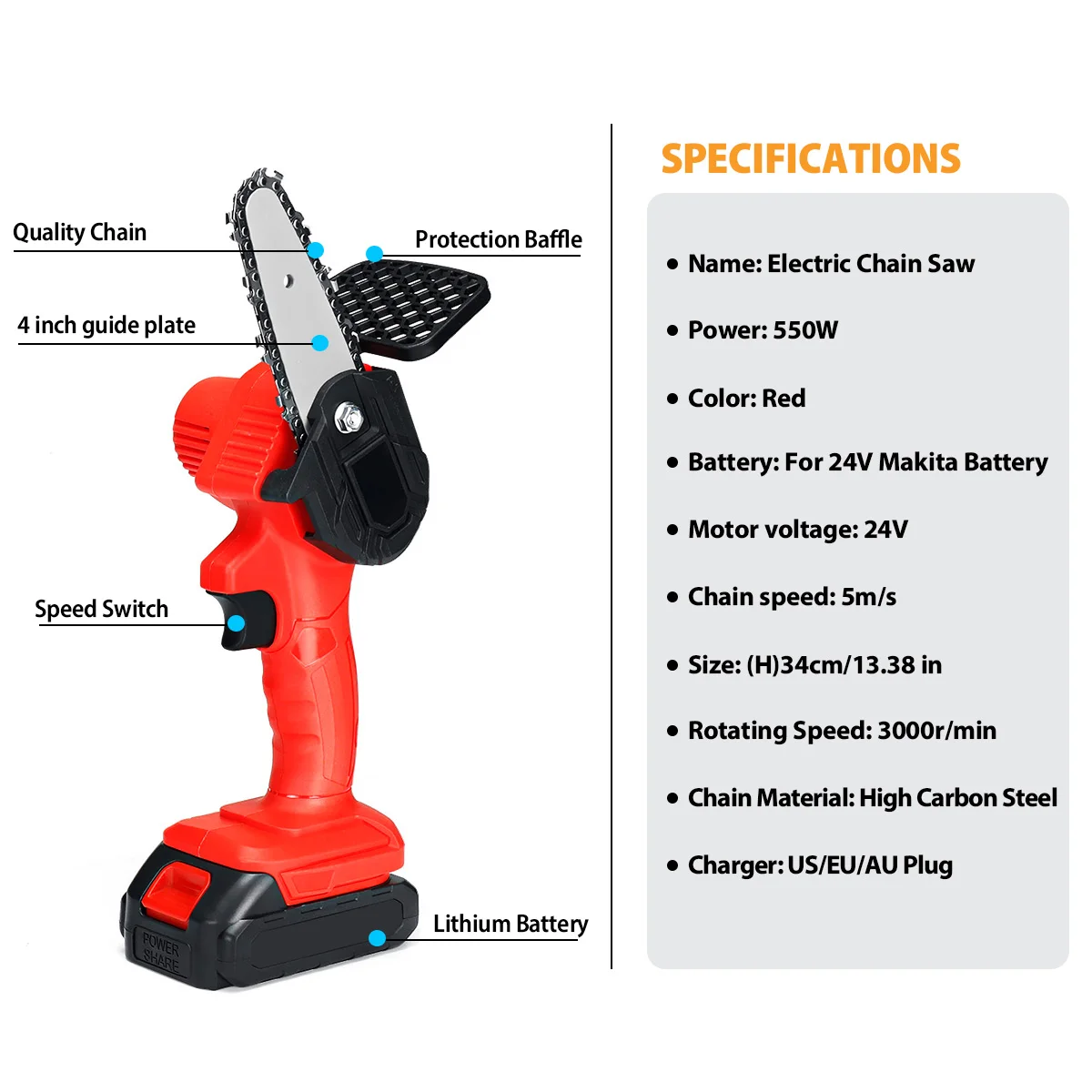 88VF 3000W 4 Inch Mini Electric Saw Chainsaw Garden Tree Logging Woodworking Tools Wood Cutters For Makiita 18V Battery - купить по