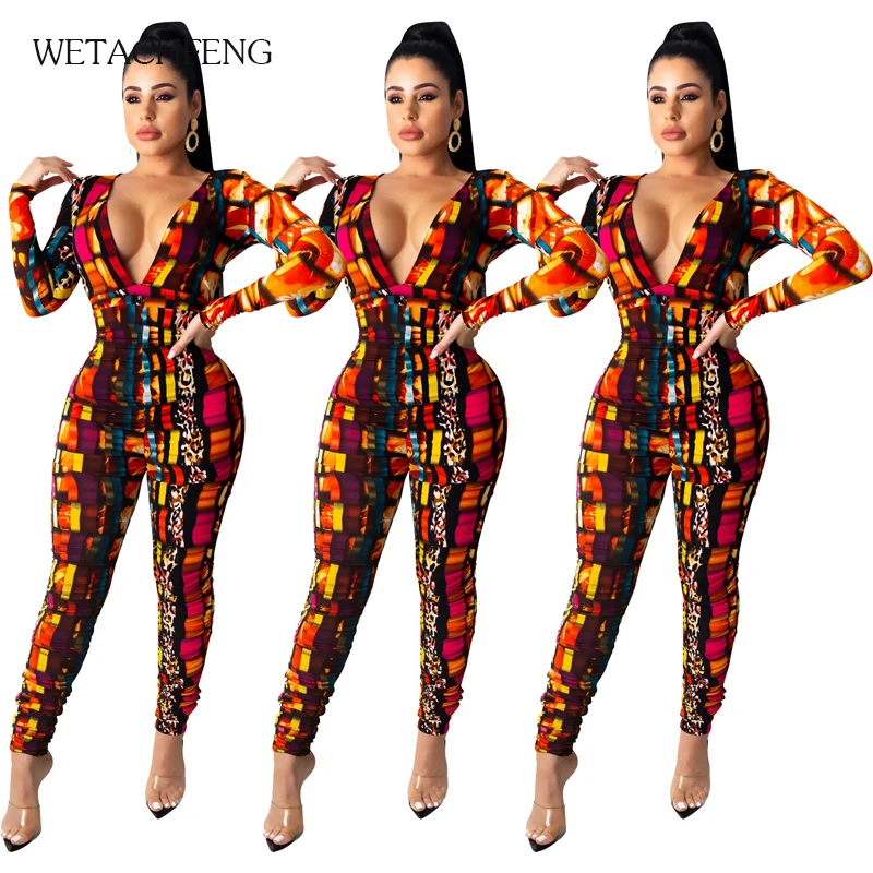 

2020 Fashion Women's Jumpsuit Leopard Stacked Pants Sexy V Neck Elastic Slim One Piece Overalls For Female Romper Autumn Clothes
