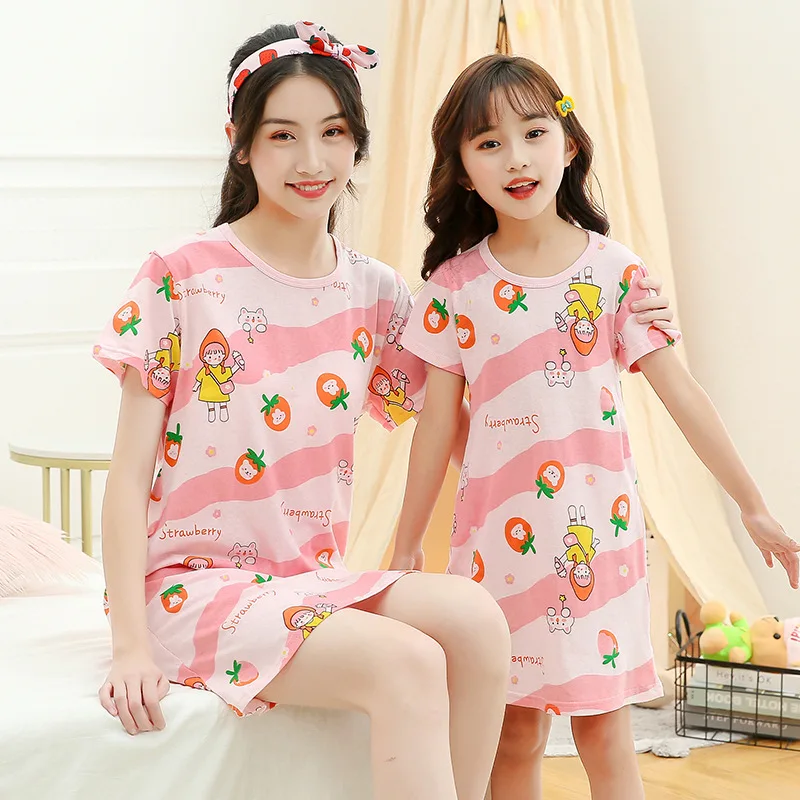 

100% Cotton Girls Night Dress Children's Pajamas Sleepwear Dresses Nightgown Summer Short Sleeves Cartoon Nightdress Soft Cute