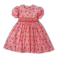 new summer kids pink floral printed turn down lace lantern england handmade smock belt button girls 3 7yrs princess dresses